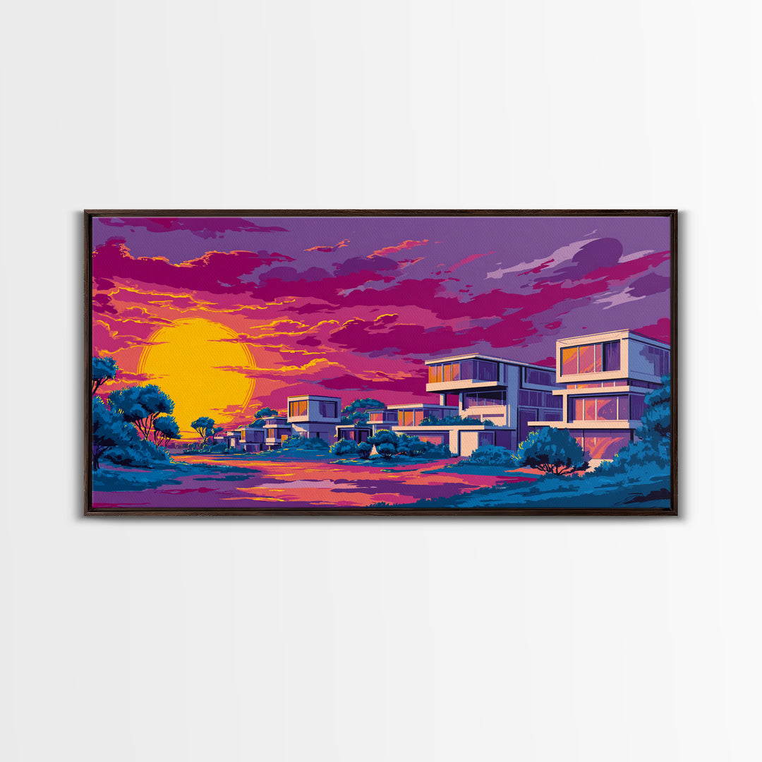 Vibrant Sunset Midcentury Homes Wall Art, Retro Modern Landscape Print, Palm Springs Decor, Colorful MCM Living Room Art