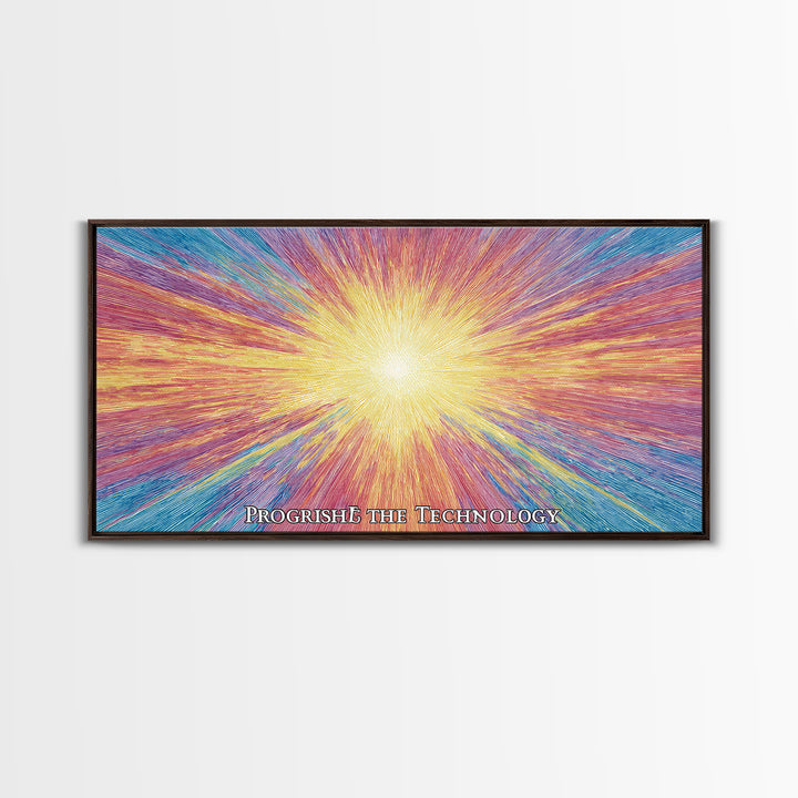 Golden Progress Technology Sunburst Wall Art, Psychedelic Op Art Print, Retro Futuristic Poster, Colorful Office Decor Gift