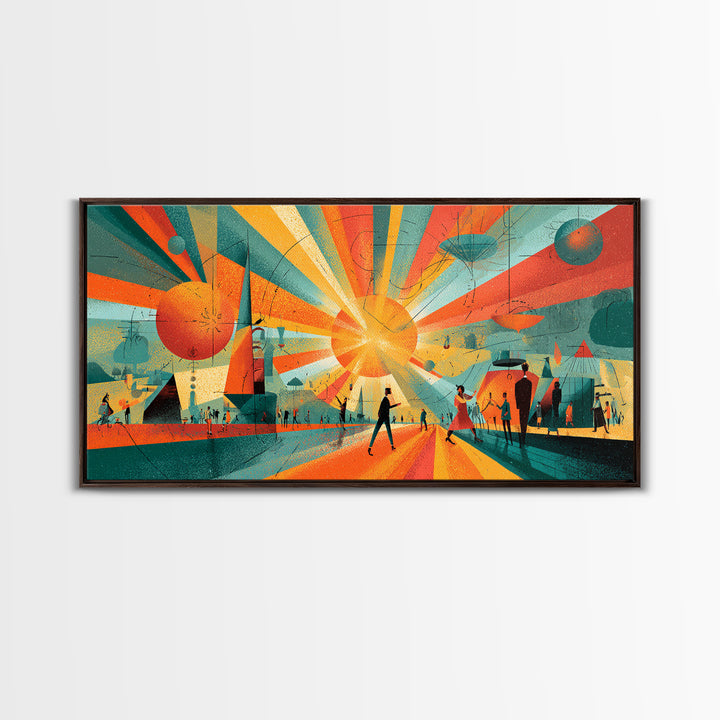 Futuristic Orange Teal City Plaza Framed Canvas Print, Atomic Midcentury Modern Wall Art, Geometric Retro Decor Poster Print