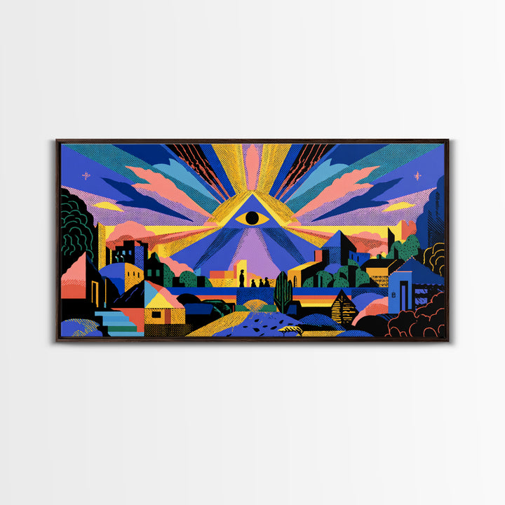 All Seeing Eye Over Colorful City Wall Art, Spiritual Midcentury Modern Print, Psychedelic Retro Poster, Mystical Decor Gift