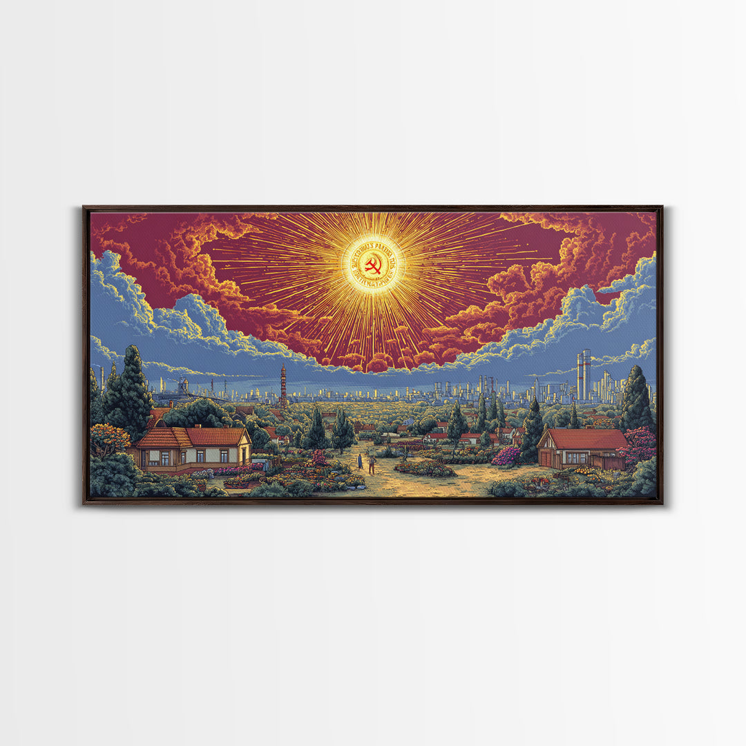 Radiant Socialist Sunrise Over Garden City Wall Art, Retro Futurist Poster, Midcentury Modern Decor, Bold Landscape Print