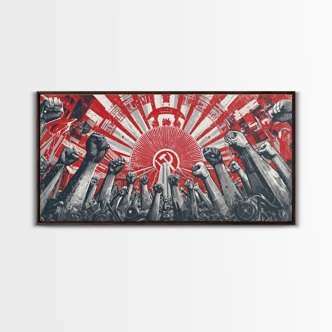 Raised Fists Revolutionary Sunburst Wall Art, Red Black Retro Poster, Midcentury Modern Decor, Bold Graphic Protest Print