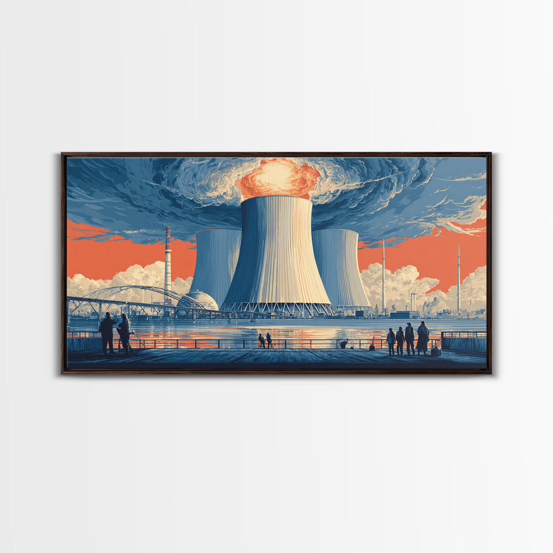 Waterfront Nuclear Power Station Framed Canvas Print, Retro Futurist Industrial Poster, Midcentury Modern Wall Art Decor