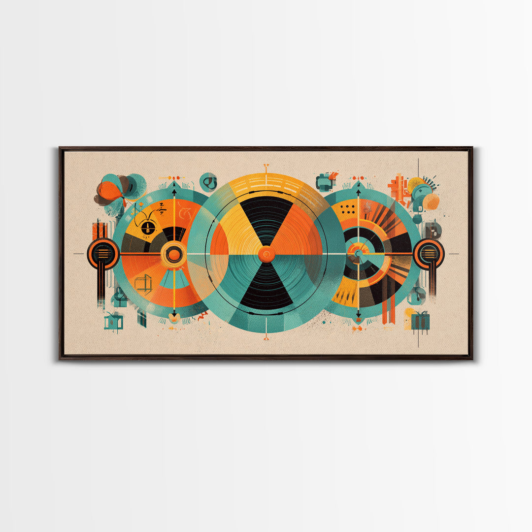Abstract Atomic Circles And Teal Orange Geometry Wall Art, Bauhaus Midcentury Modern Decor, Retro Geometric Poster Print