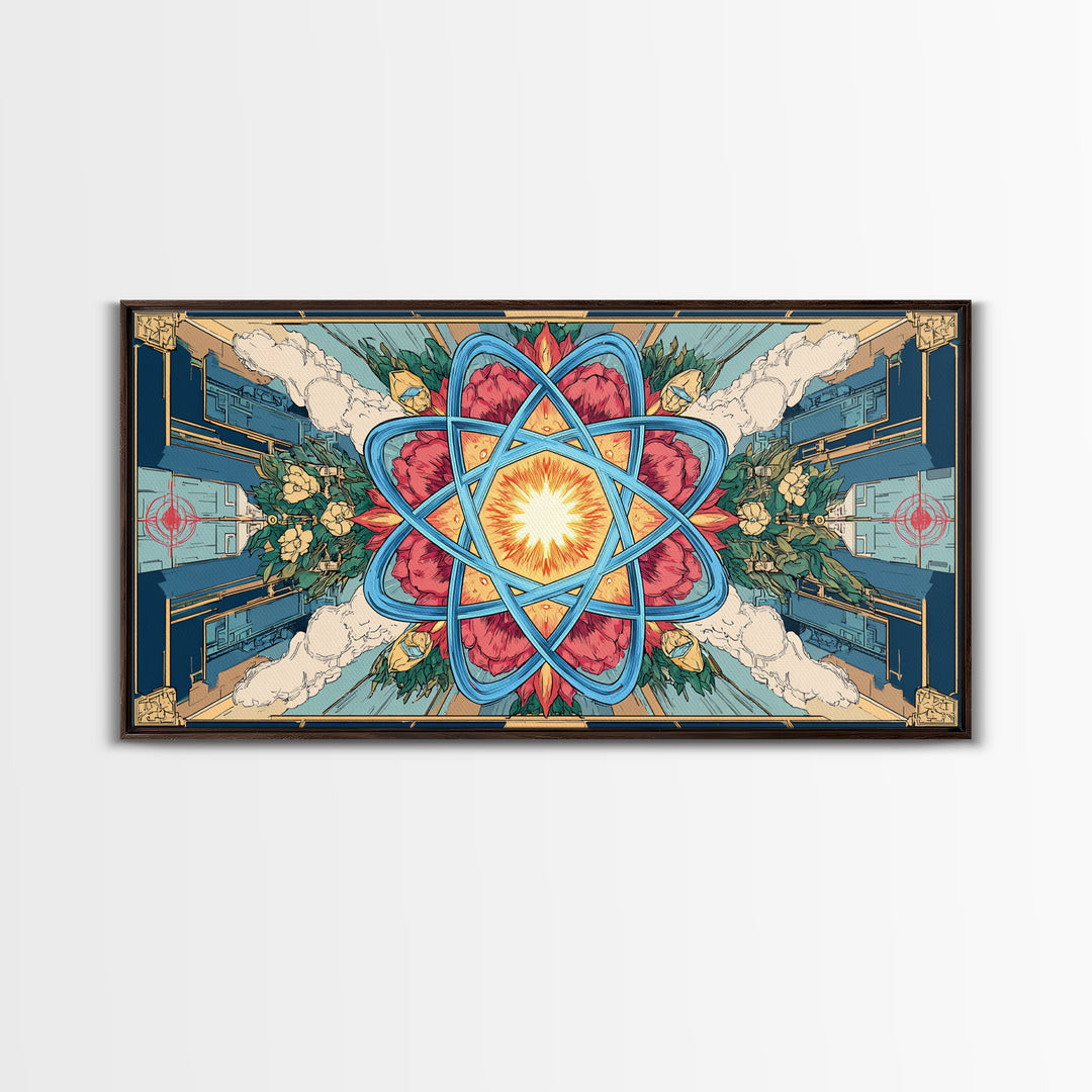 Ornate Atomic Starburst Kaleidoscope Framed Canvas Print, Symmetrical Retro Futurist Poster, Midcentury Modern Wall Art Decor