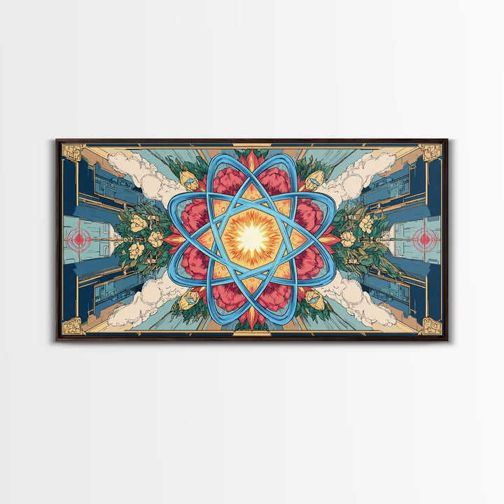 Ornate Atomic Starburst Kaleidoscope Framed Canvas Print, Symmetrical Retro Futurist Poster, Midcentury Modern Wall Art Decor