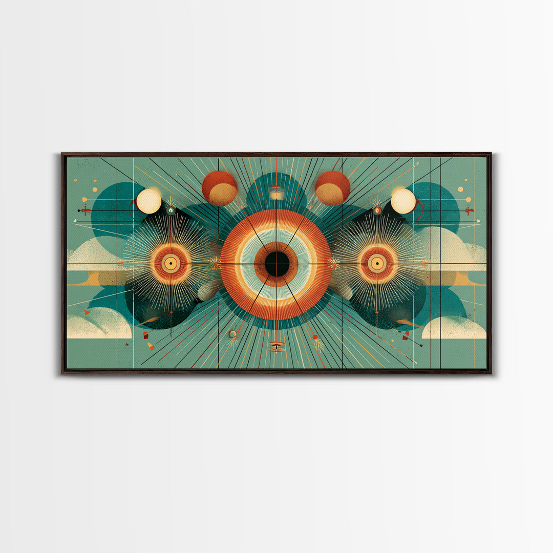 Cosmic Eye With Planets And Sunbursts Wall Art, Atomic Retro Futurist Poster, Midcentury Modern Geometric Teal Decor Print