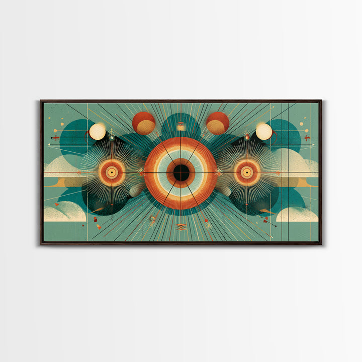 Cosmic Eye With Planets And Sunbursts Wall Art, Atomic Retro Futurist Poster, Midcentury Modern Geometric Teal Decor Print