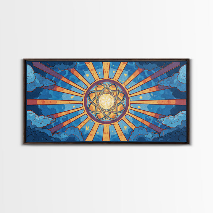 Celestial Atomic Starburst In Blue Clouds Canvas Print, Retro Futurist Midcentury Modern Wall Art, Geometric Poster Decor