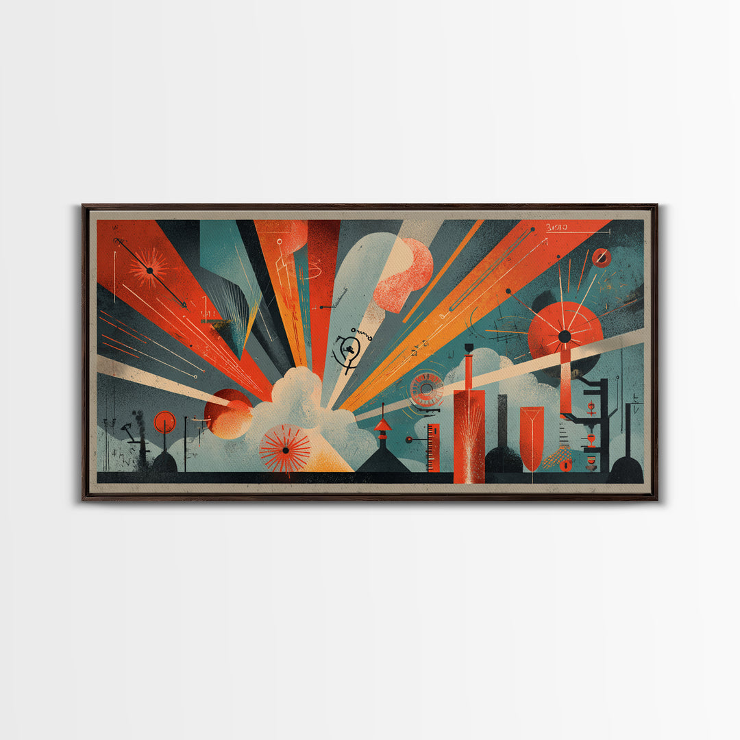 Atomic Orange Teal Geometric Burst Wall Art, Midcentury Modern Decor, Retro Abstract Art Print, Bauhaus Office Home Decor