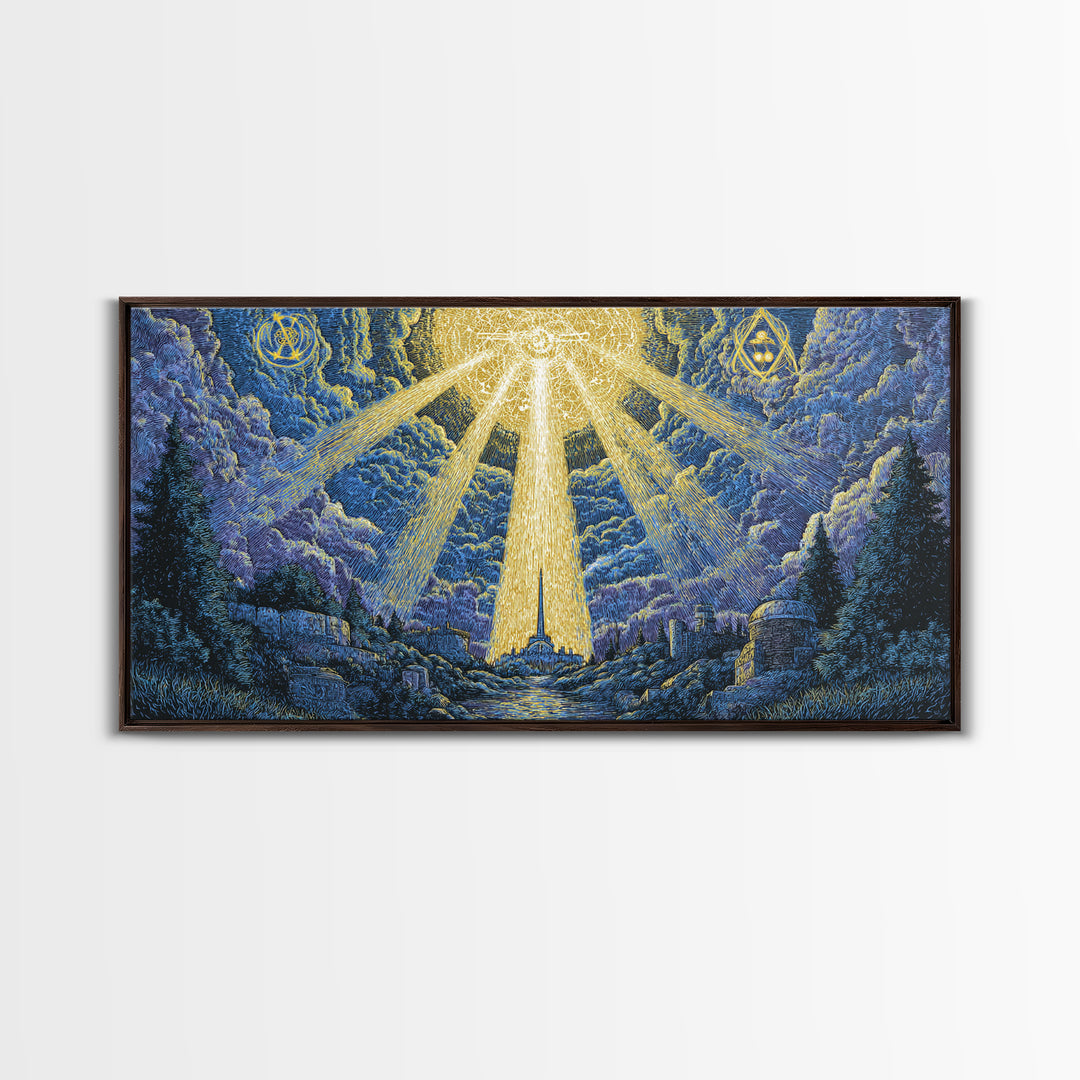 Mystic Mountain Valley With Divine Light Framed Canvas Print, Spiritual Wall Art, Blue Nature Decor, Celestial Home Office
