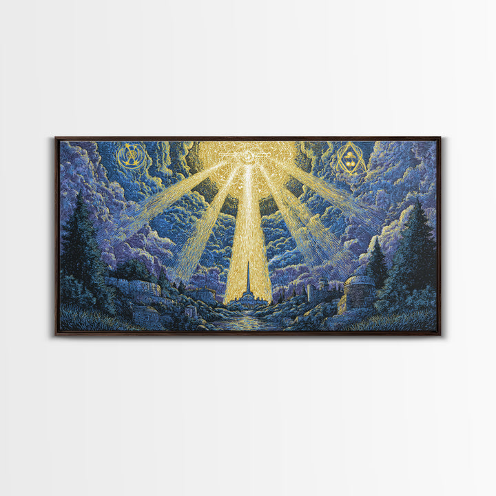 Mystic Mountain Valley With Divine Light Framed Canvas Print, Spiritual Wall Art, Blue Nature Decor, Celestial Home Office