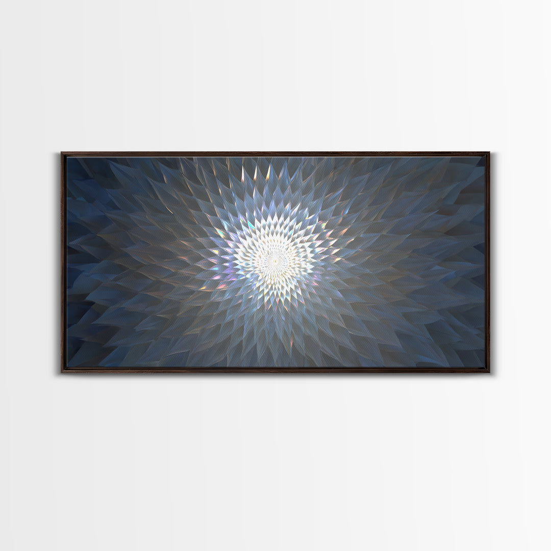 Blue Crystal Radial Mandala Framed Canvas Print, Modern Abstract Wall Art, Geometric Light Decor, Serene Home Office Decor