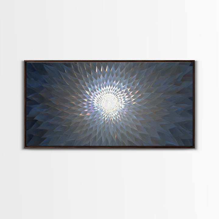 Blue Crystal Radial Mandala Framed Canvas Print, Modern Abstract Wall Art, Geometric Light Decor, Serene Home Office Decor