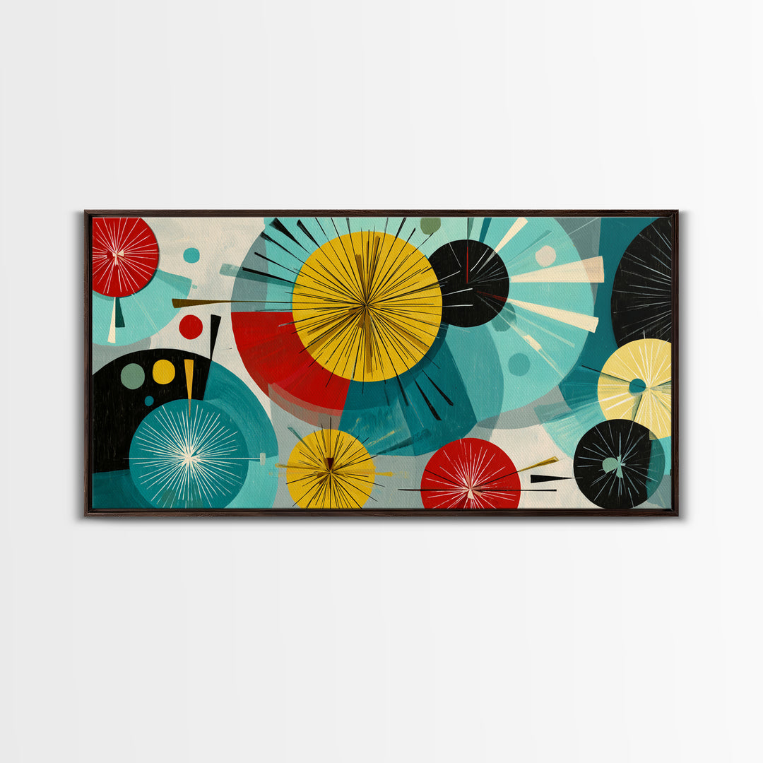Teal Red Yellow Atomic Circles Wall Art, Midcentury Modern Abstract Art Print, Bauhaus Geometric Decor, Retro Home Office