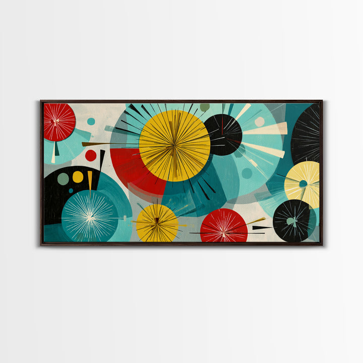 Teal Red Yellow Atomic Circles Wall Art, Midcentury Modern Abstract Art Print, Bauhaus Geometric Decor, Retro Home Office
