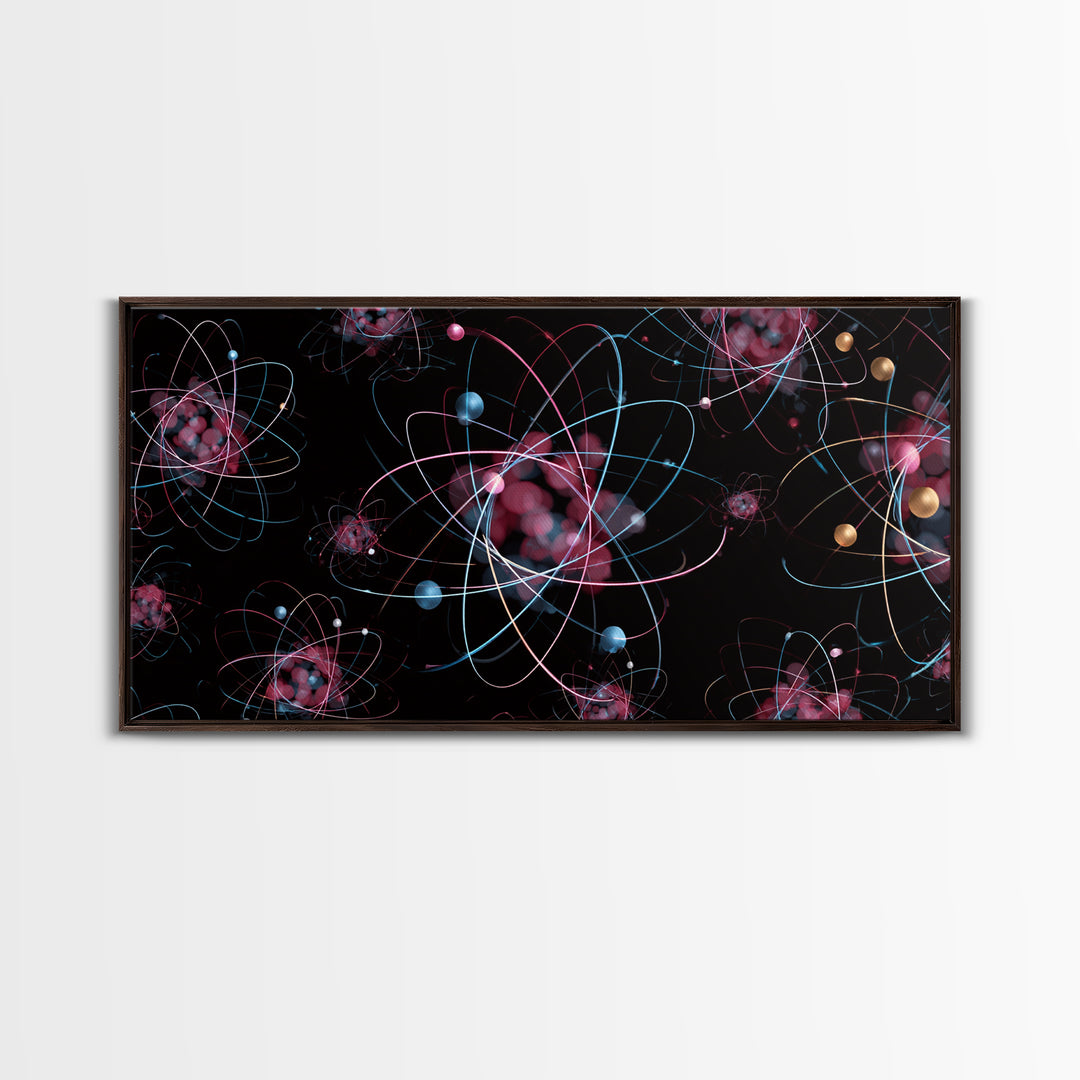 Glowing Pink Atomic Orbits On Black Wall Art, Midcentury Modern Abstract Print, Retro Space Decor, MCM Gallery Wall Home Decor