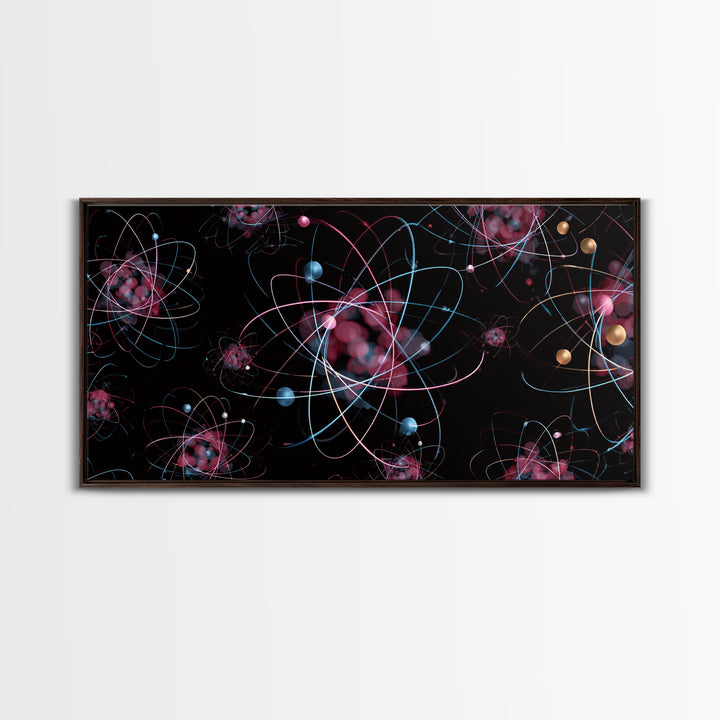 Glowing Pink Atomic Orbits On Black Wall Art, Midcentury Modern Abstract Print, Retro Space Decor, MCM Gallery Wall Home Decor