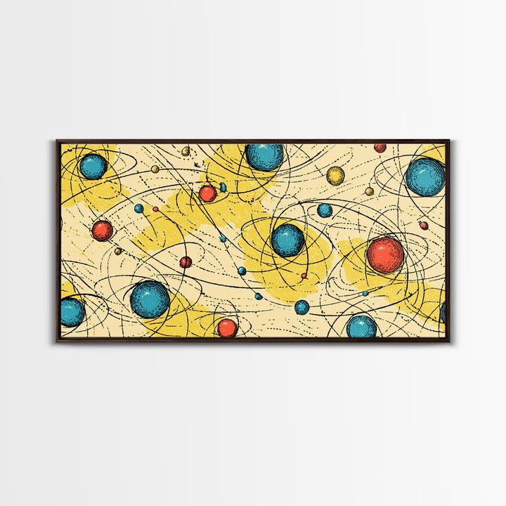 Yellow Blue Atomic Planets Wall Art, Midcentury Modern Abstract Print, Retro Space Poster, Geometric MCM Living Room Decor