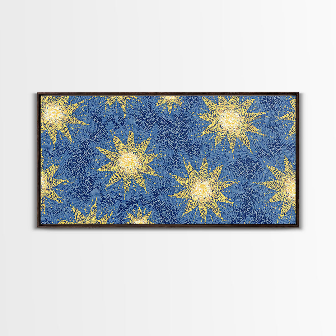 Blue Yellow Atomic Starbursts Canvas Print, Midcentury Modern Wall Art, Retro Space Decor, Bold MCM Gallery Wall Poster Print