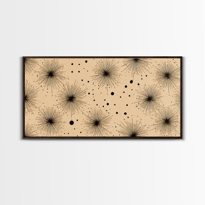 Black Atomic Starburst Dots Wall Art, Midcentury Modern Minimalist Canvas Print, Retro Geometric Decor, Neutral MCM Poster