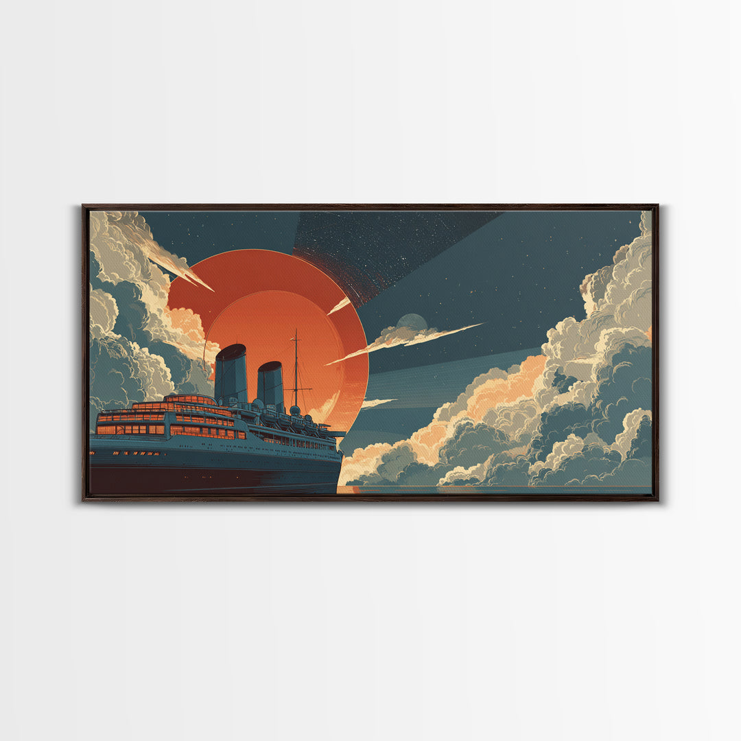 Ocean Liner Red Sun Wall Art, Retro Futuristic Steamship Poster, Art Deco Clouds, Nautical Travel Decor For Living Room Art