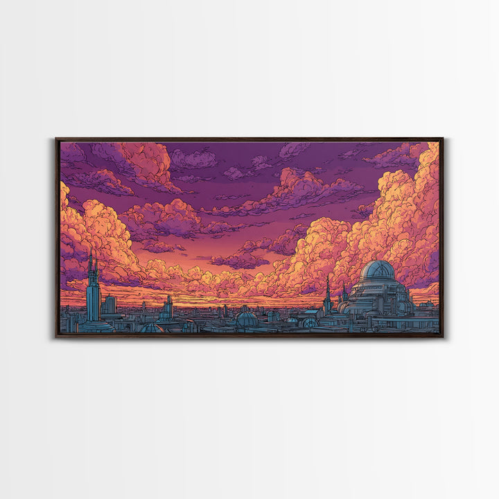 Purple Sunset City Skyline Canvas Print, Retro Futuristic Architecture Poster, Cloudscape Wall Decor, Modern Urban Home Art