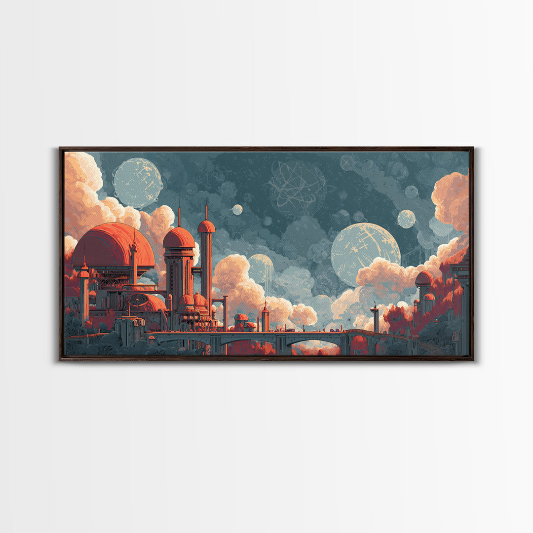 Coral Domed Retro Futurist Cloud City Canvas Print, Midcentury Modern Wall Art, Atomic Space Age Living Room Decor Poster Gift