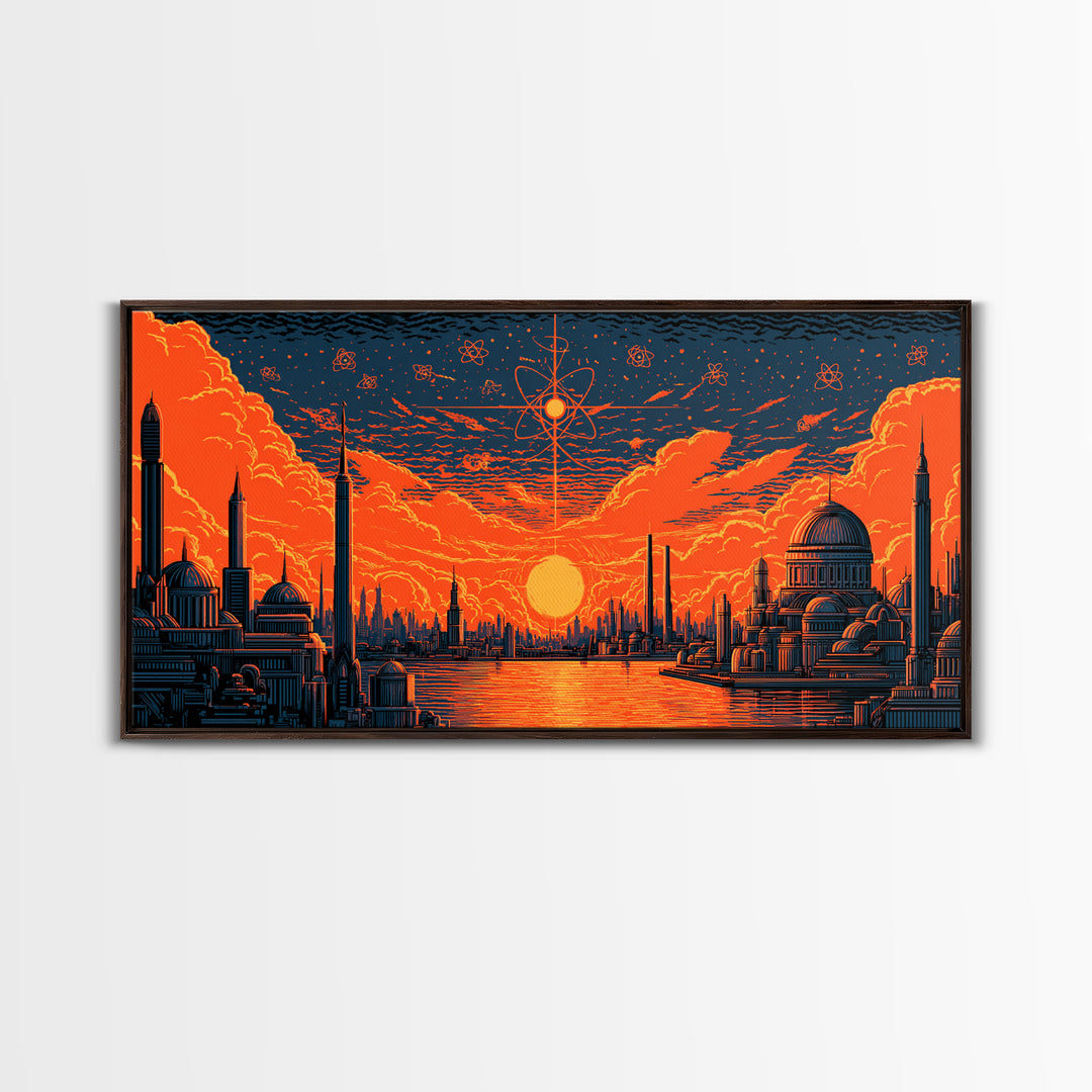 Orange Atomic Sunset Futuristic River Skyline Wall Art, Midcentury Modern Poster, Retro Sci Fi Cityscape Home Office Decor