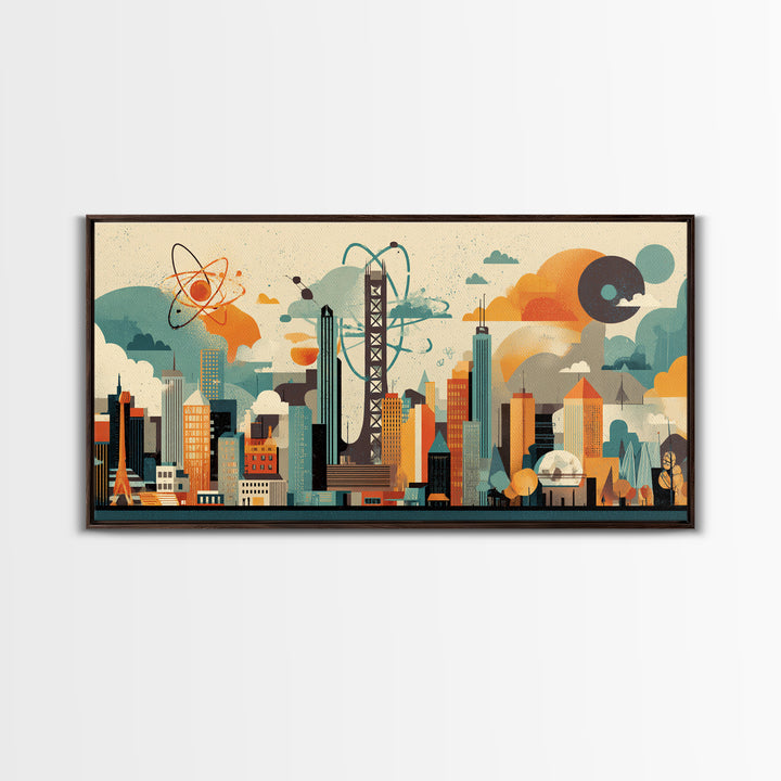 Collage Atomic Bridge City Skyline Canvas Print, Midcentury Modern Wall Art, Geometric Retro Poster, Colorful Office Decor