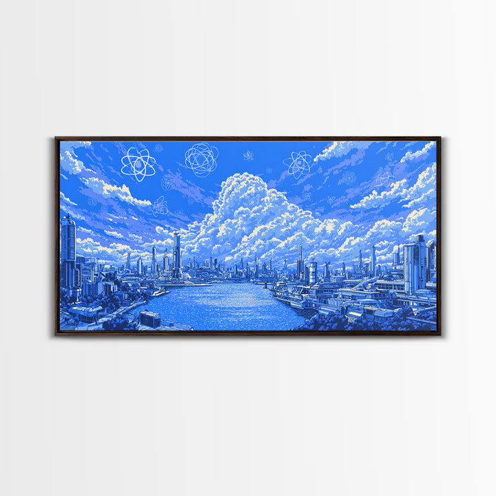 Blue Futuristic Harbor City With Atomic Clouds Wall Art, Modern Art Print, Midcentury Decor, Sci Fi Living Room Poster Gift