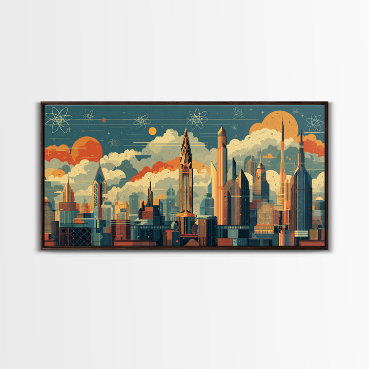 Retro Atomic Skyscraper City At Orange Sun Canvas Print, Midcentury Modern Wall Art, Space Age Skyline Office Decor Poster