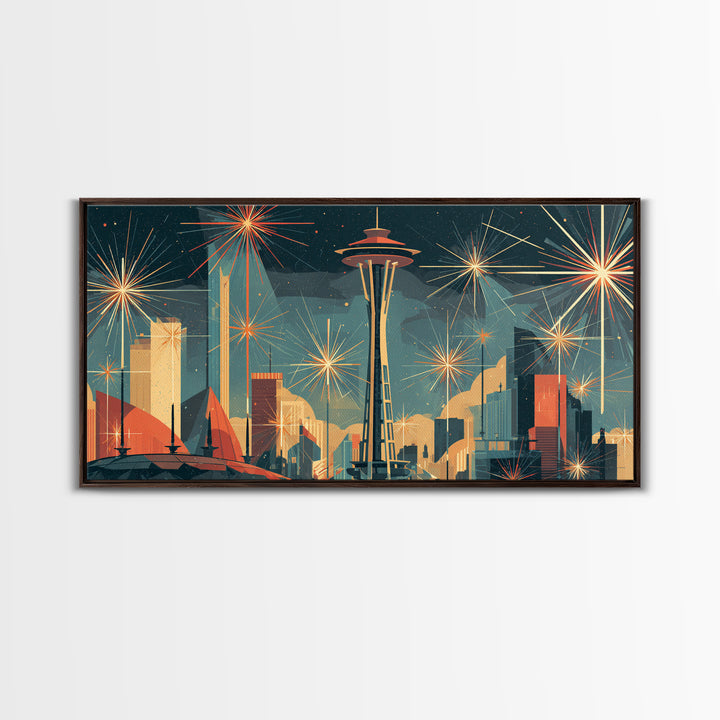 Seattle Space Needle Starburst Skyline Wall Art, Midcentury Modern Art Print, Retro Atomic Cityscape Office Decor Poster