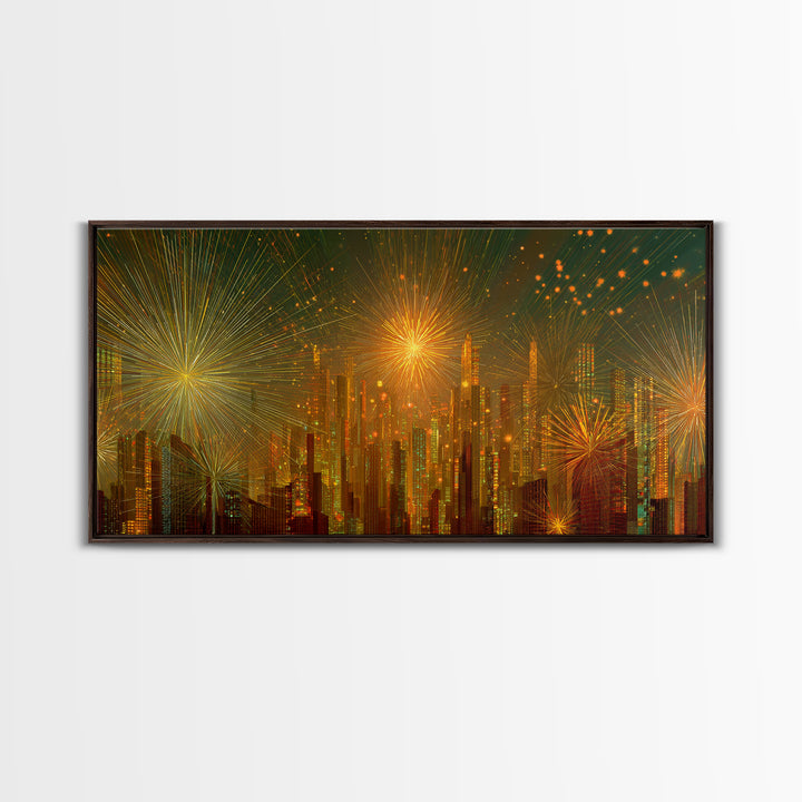 Golden Fireworks Futuristic City Skyline Framed Canvas Print, Modern Wall Art, Midcentury Retro Decor, Large Statement Poster