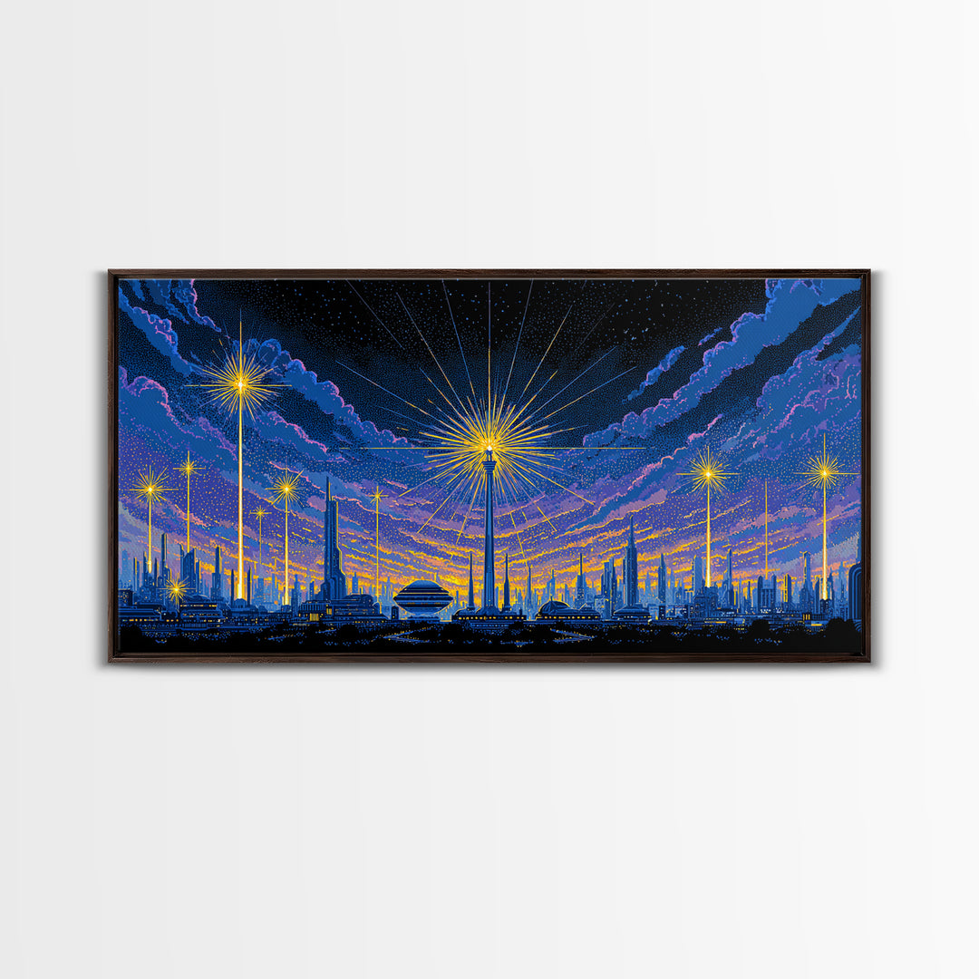 Blue Purple Night Skyline With Starburst Lights Canvas Print, Retro Sci Fi Wall Art, Midcentury Modern Cityscape Decor Poster