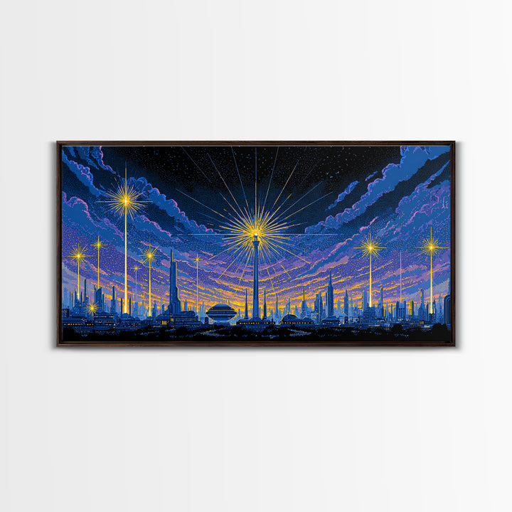 Blue Purple Night Skyline With Starburst Lights Canvas Print, Retro Sci Fi Wall Art, Midcentury Modern Cityscape Decor Poster
