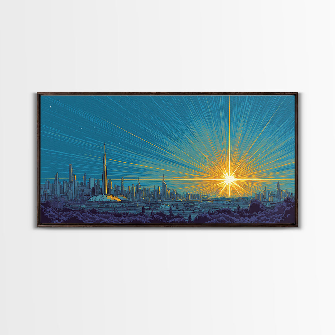 Futuristic Skyline Sunrise With Golden Rays, Mid Century Modern Wall Art, Retro Sci Fi Cityscape Print, Living Room Decor