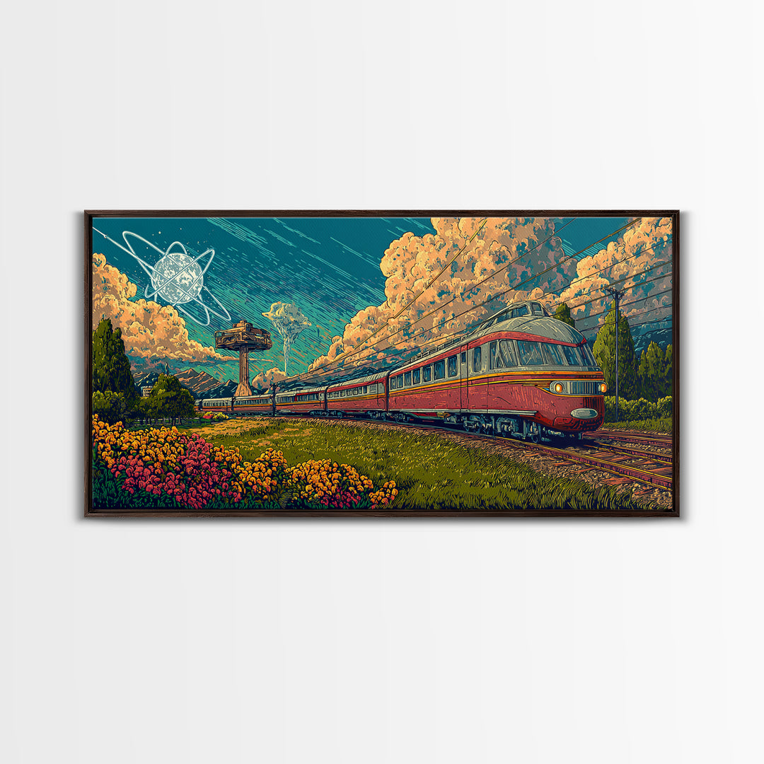 Red Passenger Train Through Flower Fields, Mid Century Modern Wall Art, Retro Travel Poster, Scenic Landscape Decor Print