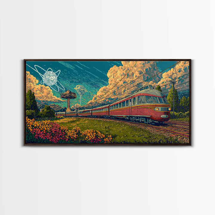 Red Passenger Train Through Flower Fields, Mid Century Modern Wall Art, Retro Travel Poster, Scenic Landscape Decor Print