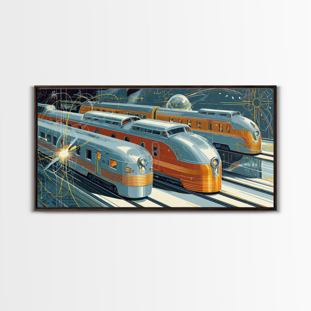 Silver Gold Futuristic Streamliner Trains, Mid Century Modern Wall Art, Atomic Railroad Poster, Retro Transportation Decor