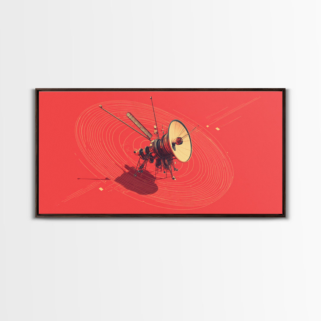 Red Space Probe With Orbital Rings, Mid Century Modern Wall Art, Retro Sci Fi Satellite Poster, Minimalist Space Decor Print