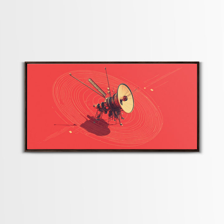 Red Space Probe With Orbital Rings, Mid Century Modern Wall Art, Retro Sci Fi Satellite Poster, Minimalist Space Decor Print