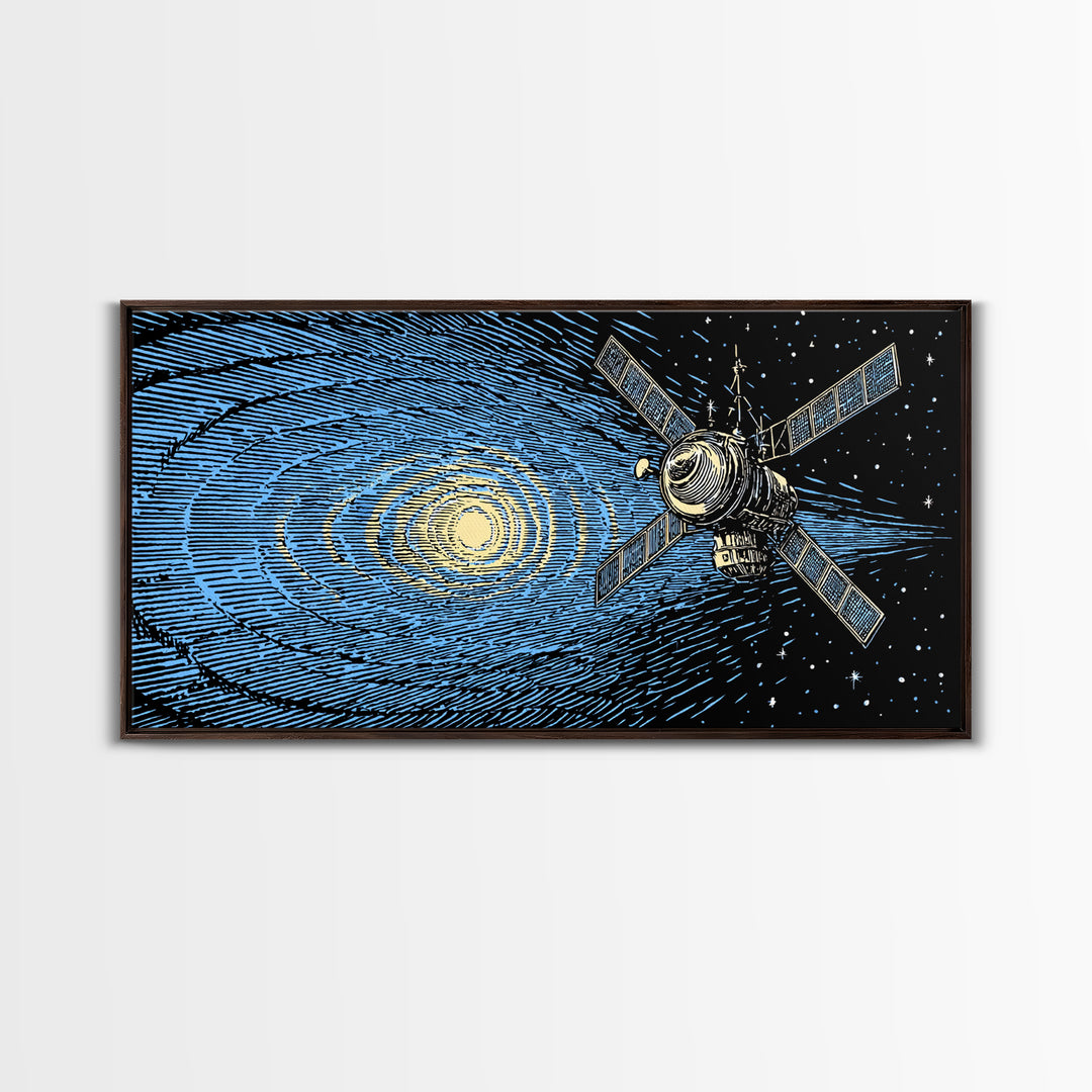 Blue Starfield Satellite With Solar Waves, Mid Century Modern Wall Art, Retro Sci Fi Space Poster, Cosmic Abstract Decor