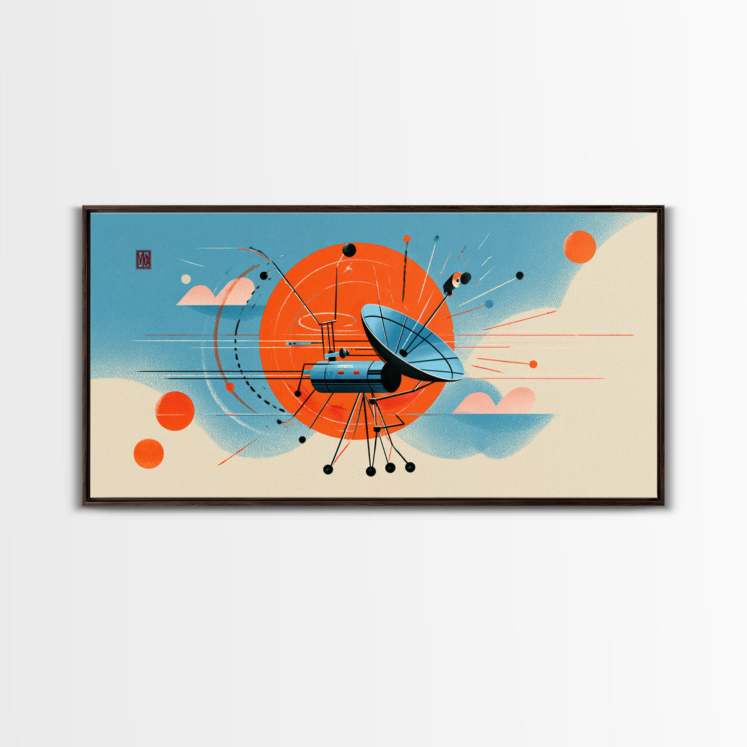 Retro Satellite Dish With Orange Sun Canvas Print, Midcentury Modern Wall Art, Atomic Space Poster, MCM Office Decor Gift