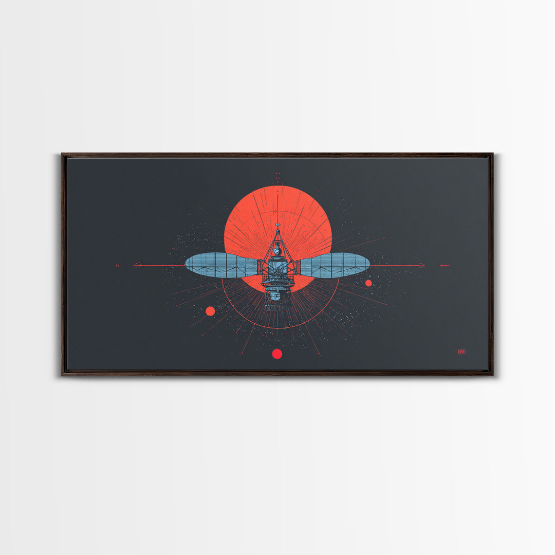 Blueprint Satellite In Crimson Sun Framed Canvas Print, Midcentury Modern Art, Retro Space Wall Decor, Modern Office Poster Gift