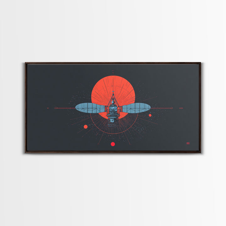 Blueprint Satellite In Crimson Sun Framed Canvas Print, Midcentury Modern Art, Retro Space Wall Decor, Modern Office Poster Gift