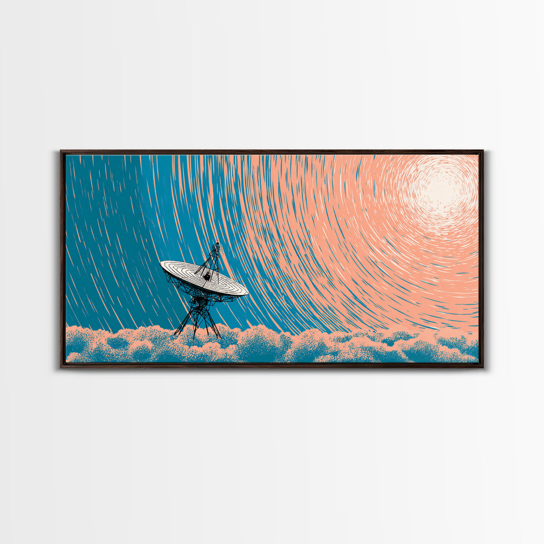 Radio Telescope Under Spiral Star Trails Canvas Print, Midcentury Modern Wall Art, Retro Astronomy Poster, Blue Office Decor