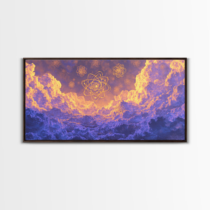 Glowing Atomic Symbols In Purple Clouds Wall Art, Modern Abstract Art Print, Celestial Sky Poster, Colorful Bedroom Decor