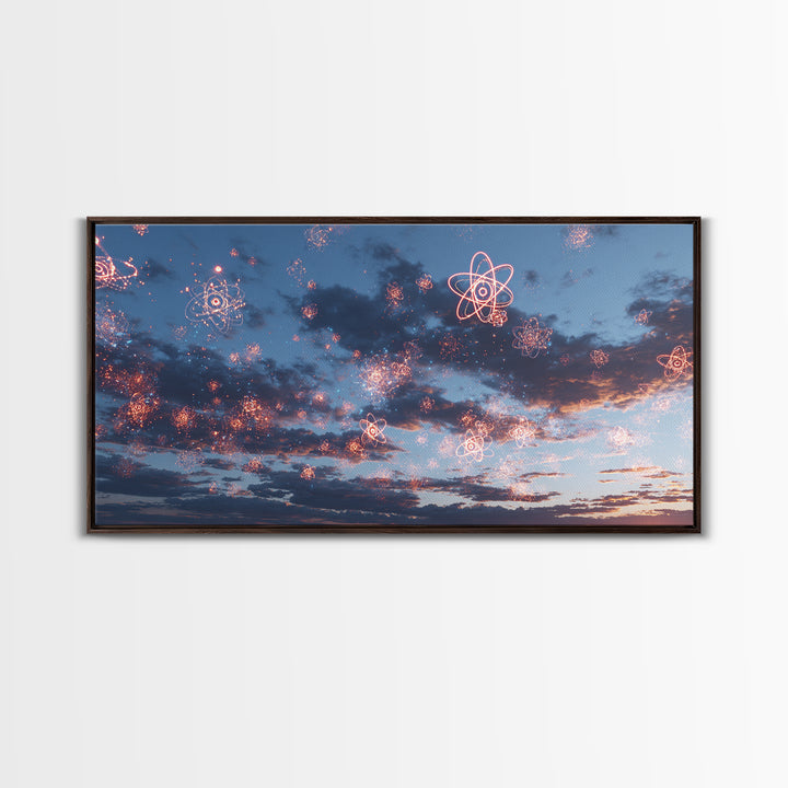 Sparkling Atomic Fireworks Over Dusk Clouds Wall Art, Modern Abstract Art Print, Cosmic Sky Poster, Blue Pink Bedroom Decor