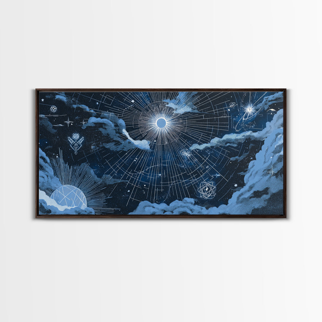 Blue Celestial Grid With Moonlit Clouds Canvas Print, Modern Wall Art, Sci Fi Space Poster, Navy Home Office Decor Gift Print